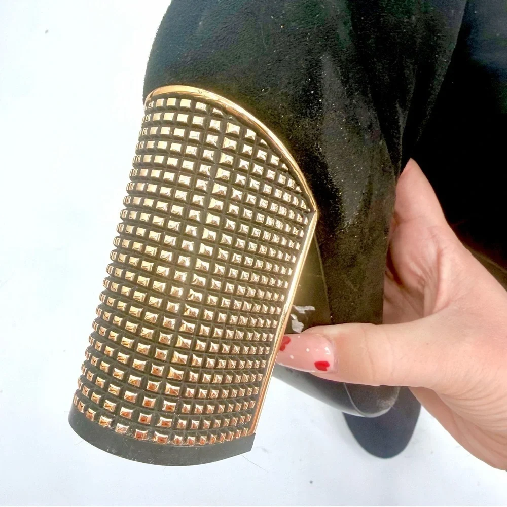GUESS Black Gold Studded Heel Over The Knee Lace Up Boots y2k Glam